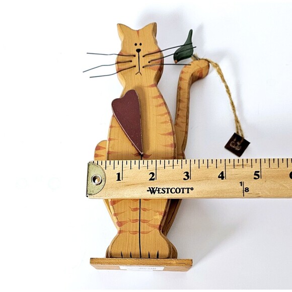Cat Folk Art Wooden Figure with Bird Wire Whiskers 8" Primitive Tabby - Picture 5 of 8